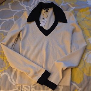 Express Cream V-Neck Sweater with Black Collar and Cuffs